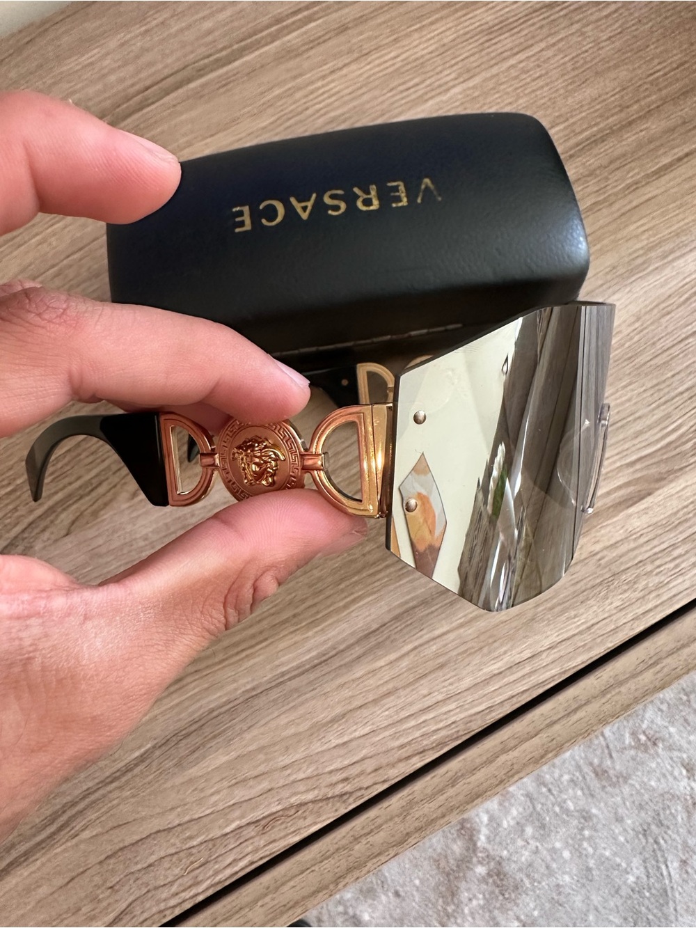 Versace Gold Frame Shield Sunglasses with Silver Mirrored Lens